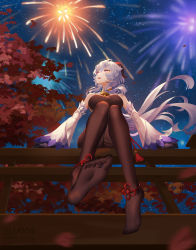 Rule 34 | 1girl, absurdres, bell, black gloves, black pantyhose, blue hair, bow, breasts, detached sleeves, feet, fireworks, from below, ganyu (genshin impact), genshin impact, gloves, gold trim, highres, horns, long hair, looking at another, looking to the side, low ponytail, medium breasts, neck bell, night, night sky, open mouth, pantyhose, purple eyes, sitting, sky, smile, soles, solo, star (sky), starry sky, tassel, thighlet, thighs, toes, tree, very long hair, white sleeves, wide sleeves, yunduan