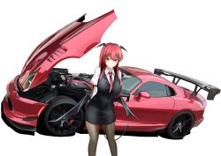 Rule 34 | &gt;:), 1girl, 3books, absurdres, armband, arms behind back, bat wings, black pantyhose, breasts, car, commentary request, cowboy shot, demon tail, dodge (company), dodge viper, dress shirt, hair between eyes, head wings, highres, juliet sleeves, koakuma, large breasts, long hair, long sleeves, looking at viewer, low wings, motor vehicle, open hood, pantyhose, puffy sleeves, red eyes, red hair, red neckwear, shirt, sidelocks, simple background, skirt, skirt set, solo, tail, touhou, vehicle focus, vest, white background, white shirt, wings