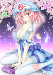 Rule 34 | 1girl, blush, branch, breasts, bug, butterfly, cherry blossoms, cleavage, female focus, folding fan, gradient background, hand fan, hat, highres, hitodama, insect, large breasts, long sleeves, looking at viewer, looking to the side, no panties, petals, pink eyes, pink hair, saigyouji yuyuko, short hair, sitting, smile, solo, sturm (arowana kingyo), thighhighs, touhou, triangular headpiece, v arms, wariza, white thighhighs