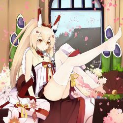 Rule 34 | 1girl, absurdres, architecture, arescr, ass, ayanami (azur lane), ayanami (pulse of the new year) (azur lane), azur lane, building, choker, commentary request, east asian architecture, feet, hair between eyes, hair ornament, hairclip, headgear, highres, kadomatsu, knees to chest, leg up, light brown hair, long hair, no shoes, official alternate costume, orange eyes, petals, pleated skirt, ponytail, retrofit (azur lane), sidelocks, sitting, skirt, sleeveless, solo, thighhighs, white thighhighs