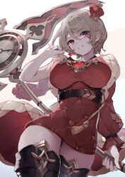 Rule 34 | 1girl, asc11, belt, black footwear, boots, breasts, brown hair, chinese commentary, commentary request, crown, dress, flag, food, from below, fruit, grin, hair over one eye, heart, highres, holding, holding food, holding scythe, holding staff, holding weapon, honkai (series), honkai impact 3rd, jewelry, large breasts, long sleeves, looking at viewer, mini crown, mole, mole under eye, pink eyes, purple eyes, red dress, rita rossweisse, scythe, short hair, simple background, smile, solo, staff, thigh boots, thighhighs, thighs, weapon, white background