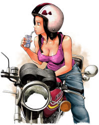 Rule 34 | 1girl, breasts, bunkosu, denim, drinking straw, jeans, kawasaki, looking to the side, motor vehicle, motorcycle, original, pants, solo