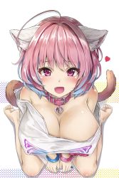 Rule 34 | 1girl, animal ears, antenna hair, bare legs, bare shoulders, barefoot, blush, bottomless, bracelet, breasts, cat ears, cat tail, cleavage, collar, earrings, fang, from above, heart, heart pendant, highres, hyouta (yoneya), idolmaster, idolmaster cinderella girls, jewelry, kneeling, large breasts, looking at viewer, no bra, open mouth, pill earrings, pink hair, ring, shirt, solo, t-shirt, tail, white background, yumemi riamu
