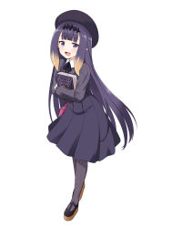 Rule 34 | 1girl, :d, absurdres, bag, beret, black footwear, black hair, black hat, black ribbon, blush, book, fang, felutiahime, full body, hat, highres, holding, holding book, hololive, hololive english, hugging book, hugging object, long hair, long sleeves, looking at viewer, neck ribbon, ninomae ina&#039;nis, ninomae ina&#039;nis (casual), open mouth, pantyhose, pink bag, purple skirt, ribbon, shirt, shoes, simple background, skirt, smile, solo, standing, striped clothes, striped shirt, very long hair, virtual youtuber, white background