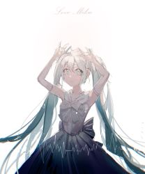 Rule 34 | 1girl, aqua eyes, aqua hair, arms up, blue skirt, bow, caibaobao (user ncrp5222), character name, commentary, dress, dress bow, english commentary, english text, hair ornament, hatsune miku, highres, looking up, open mouth, sketch, skirt, smile, solo, sound wave, vocaloid, white background, white dress