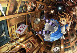 Rule 34 | ace (playing card), ace of spades, alice (alice in wonderland), alice in wonderland, apron, black bow, black footwear, blonde hair, blue dress, blue eyes, bookshelf, bow, candle, candlestand, clock, commentary, dress, english commentary, falling, from below, globe, gunshiprevolution, hair bow, hourglass, kriss sison, lamp, long hair, pantyhose, pendulum clock, playing card, purple pantyhose, shoes, spade (shape), white apron, wide shot
