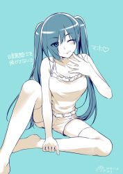 Rule 34 | 1girl, ;), alpha (yukai na nakamatachi), ankoku kishi wo nugasanaide, aqua background, blush, breasts, character name, cleavage, commentary request, copyright name, dated, frills, jpeg artifacts, no shoes, one eye closed, shorts, simple background, smile, solo, thighhighs, twintails