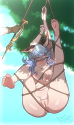 Rule 34 | 1boy, 1girl, 2020, absurdres, animal ear fluff, animal ears, anus, artist name, barefoot, belly, blue hair, bound, breasts, cleft of venus, clenched teeth, clitoris, cloud, collarbone, completely nude, eyelashes, ferry (granblue fantasy), full body, granblue fantasy, hanging, highres, large breasts, legs over head, legs up, long hair, meteorreb0rn, navel, nipples, nude, one eye closed, parted lips, pussy, restrained, rope, shadow, shiny skin, signature, sky, soles, solo focus, suspension, teeth, thick thighs, thighs, toes, tree