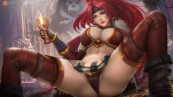 Rule 34 | 1girl, artist name, battle chasers, breasts, choker, cleavage, cup, earrings, elbow gloves, english text, fur collar, gloves, green eyes, headband, indoors, jewelry, large breasts, legband, lips, long hair, looking at viewer, navel, parted lips, patreon logo, patreon username, ponytail, red hair, red lips, red monika, sitting, spread legs, very long hair, watermark, web address, windwalker