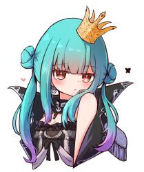 Rule 34 | 1girl, aqua hair, blunt bangs, bug, butterfly, collar, crown, double bun, dress, epaulettes, frilled collar, frilled dress, frills, from side, ghost earrings, gradient hair, hair bun, heart, highres, hololive, insect, lace, lace dress, lace trim, milk tea 1993, multicolored hair, portrait, purple hair, red eyes, simple background, skull brooch, tareme, twintails, upper body, uruha rushia, uruha rushia (3rd costume), virtual youtuber, white background