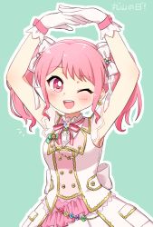 Rule 34 | 1girl, ;d, arms up, back bow, bang dream!, bd ayknn, blush, bow, earrings, frills, gloves, green background, hair bow, highres, jewelry, maruyama aya, neck ribbon, notice lines, o arms, one eye closed, open mouth, outline, pink eyes, pink hair, pink ribbon, pocket, ribbon, sidelocks, simple background, skirt, sleeveless, smile, solo, striped ribbon, translation request, twintails, white bow, white gloves, white outline