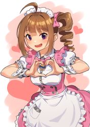 Rule 34 | 1girl, :d, ahoge, apron, blunt bangs, blush, bow, bowtie, breasts, brown hair, buttons, collared dress, commentary, cowboy shot, dress, drill hair, frilled apron, frilled dress, frilled sleeves, frills, hair bow, hands up, heart, heart background, heart hands, idolmaster, idolmaster million live!, idolmaster million live! theater days, kamille (vcx68), looking at viewer, maid headdress, medium breasts, medium hair, open mouth, pink bow, pink bowtie, pink dress, pocket, puffy short sleeves, puffy sleeves, purple eyes, red background, short sleeves, side ponytail, sidelocks, smile, solo, standing, teeth, two-tone background, two-tone dress, upper teeth only, waist apron, waitress, white apron, white background, white dress, wrist cuffs, yokoyama nao