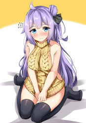 Rule 34 | 1girl, absurdres, ahoge, aran sweater, azur lane, bare arms, bare shoulders, black ribbon, black thighhighs, blue eyes, blush, breasts, brown sweater, cable knit, closed mouth, flying sweatdrops, hair bun, hair ribbon, highres, long hair, medium breasts, meme attire, moyoron, no shoes, one side up, purple hair, ribbed sweater, ribbon, side bun, single hair bun, single side bun, sitting, sleeveless, sleeveless sweater, sleeveless turtleneck, solo, sweater, thighhighs, turtleneck, turtleneck sweater, unicorn (azur lane), v arms, very long hair, virgin killer sweater, wariza