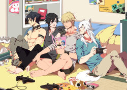 Rule 34 | 4boys, abs, akira (togainu no chi), animal ears, aroused nosebleed, barefoot, bed, bedroom, black pants, blonde hair, blue eyes, blush, bookshelf, cat boy, cat ears, cat tail, collar, company connection, controller, creatures (company), creeper, crossover, dramatical murder, full body, fyfyluker, game controller, game freak, gen 1 pokemon, grey pants, hair between eyes, handheld game console, hatsune miku, highres, hugging own legs, interior, knees up, konoe (lamento), kyubey, lamento, large pectorals, long hair, magazine (object), mahou shoujo madoka magica, male focus, minecraft, multiple boys, multiple crossover, muscular, muscular male, nintendo, nitro+ chiral, on floor, pants, pectorals, pikachu, playing games, playstation portable, pointy ears, pokemon, poster (object), rai (lamento), reading, red eyes, ren (dramatical murder), seragaki aoba, shiki (togainu no chi), shironuma tetsuo, short hair, sitting, smile, spiked collar, spikes, sweet pool, tail, togainu no chi, toned, toned male, topless male, underwear, vocaloid, white hair, yaoi, yellow eyes