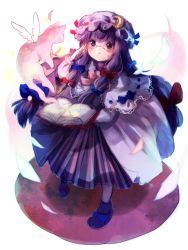 Rule 34 | 1girl, animal, bespectacled, book, bow, capelet, cat, crescent, dress, full body, glasses, hair bow, hair ornament, hat, hat bow, highres, long hair, long sleeves, mob cap, open book, patchouli knowledge, purple eyes, purple hair, sanso, simple background, solo, striped, sweatdrop, touhou, vest, white background, wings