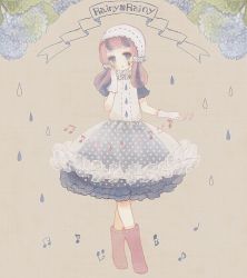 Rule 34 | 1girl, blunt bangs, boots, english text, flower, frills, gloves, hand on own cheek, hand on own face, headdress, hydrangea, long hair, looking at viewer, low twintails, multicolored hair, musical note, open mouth, original, pale color, personification, pink hair, purple eyes, purple hair, rubber boots, scrunchie, short sleeves, skirt, solo, standing, text focus, twintails, two-tone hair, water drop, white gloves, yujup
