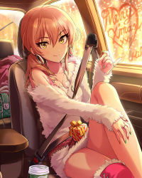 Rule 34 | 10s, 1girl, artist request, box, car, car interior, cup, disposable cup, earrings, eyelashes, fake nails, gift, gift box, glass writing, highres, idolmaster, idolmaster cinderella girls, jewelry, jougasaki mika, legs, looking at viewer, merry christmas, motor vehicle, nail polish, necklace, official art, pink hair, resized, ring, seatbelt, single thighhigh, smile, solo, thighhighs, tsurime, upscaled, vehicle, waifu2x, yellow eyes