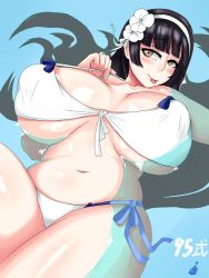 Rule 34 | 1girl, areola slip, artist request, bikini, black hair, blush, breasts, brown eyes, cleavage, covered erect nipples, girls&#039; frontline, hair ornament, hairband, highres, huge breasts, long hair, looking at viewer, navel, puffy nipples, smile, solo, swimsuit, tongue, tongue out, type 95 (girls&#039; frontline), water