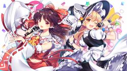 Rule 34 | 2girls, :d, ;d, ascot, blonde hair, blush, bow, brown hair, detached sleeves, hair bow, hair tubes, hakurei reimu, hat, kirisame marisa, long hair, looking at viewer, microphone, multiple girls, one eye closed, open mouth, puffy sleeves, red bow, red eyes, rotte (1109), short hair, smile, touhou, wide sleeves, witch hat, yellow ascot, yellow eyes