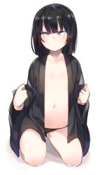Rule 34 | 1girl, bad id, bad pixiv id, black hair, black panties, blouse, blue eyes, bright pupils, closed mouth, expressionless, flat chest, gluteal fold, gradient background, japanese clothes, long sleeves, looking at viewer, medium hair, naki (otokuyou), navel, open clothes, open shirt, original, otokuyou, panties, seiza, shirt, simple background, sitting, solo, underwear, wide sleeves