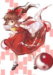Rule 34 | 1girl, ascot, black footwear, bow, brown hair, chinese commentary, closed mouth, collared vest, commentary request, detached sleeves, frilled bow, frilled hair tubes, frills, full body, gohei, hair bow, hair tubes, hakurei reimu, harrymiao, highres, holding, holding gohei, long hair, mary janes, ofuda, red eyes, red skirt, red vest, ribbon-trimmed sleeves, ribbon trim, shoes, skirt, socks, solo, touhou, vest, white sleeves, white socks, wide sleeves, yellow ascot, yin yang
