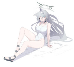 Rule 34 | 1girl, absurdres, animal ear fluff, animal ears, bare legs, bare shoulders, black choker, black footwear, blue archive, blush, breasts, choker, closed mouth, collarbone, commentary request, covered navel, floor, full body, grey hair, hair ornament, halo, hands on ground, highres, large breasts, leg up, long bangs, long hair, looking to the side, nnn051821, one-piece swimsuit, sand, shiroko (blue archive), shiroko terror (blue archive), sitting, solo, swimsuit, thighs, very long hair, white background, white one-piece swimsuit, x hair ornament