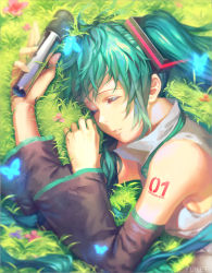 Rule 34 | 1girl, artist name, blue eyes, breasts, character name, detached sleeves, flower, grass, green hair, grey shirt, hair ornament, hatsune miku, heterochromia, highres, holding, holding microphone, long hair, lying, medium breasts, microphone, on side, parted lips, red eyes, red flower, shirt, sideboob, sleeveless, sleeveless shirt, solo, tattoo, twintails, upper body, vocaloid, yuket