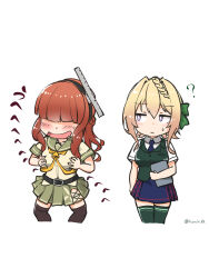 Rule 34 | 2girls, ?, admiral (kancolle), belt, black belt, black thighhighs, blonde hair, blue necktie, blue skirt, blunt bangs, bow, braid, braided bun, breasts, clipboard, collared shirt, commentary request, de ruyter (kancolle), drooling, grabbing own breast, green bow, green sailor collar, green skirt, green thighhighs, green vest, grey eyes, hair bow, hair bun, headgear, highres, holding, holding clipboard, izumikuma, kantai collection, long hair, looking at another, medium breasts, mouth drool, multiple girls, naughty face, neckerchief, necktie, open mouth, orange neckerchief, personality switch, perth (kancolle), plaid, plaid skirt, pleated skirt, red hair, sailor collar, sailor shirt, school uniform, serafuku, shirt, short sleeves, skirt, sweatdrop, thighhighs, twitter username, vest, white background, white shirt, yellow eyes