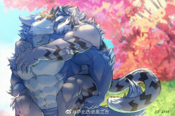 Rule 34 | 2boys, abs, animal ears, artist request, autumn leaves, bara, blue fur, carrying, carrying person, couple, feet out of frame, furry, furry male, grey fur, happy, large pectorals, looking at another, looking back, male focus, mature male, multiple boys, muscular, muscular male, navel, original, pectorals, piggyback, sanpaku, smile, stomach, tails touching, thick eyebrows, tiger boy, tiger ears, topless male, yaoi
