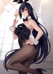 Rule 34 | 1girl, animal ears, black footwear, black hair, black leotard, black pantyhose, breasts, closed mouth, detached collar, fake animal ears, fake tail, fishnet pantyhose, fishnets, foot out of frame, hair between eyes, hand on own hip, high heels, highres, holding, kantai collection, kasumi (skchkko), large breasts, leotard, long hair, looking at viewer, nagato (kancolle), orange eyes, pantyhose, playboy bunny, rabbit ears, rabbit tail, smile, solo, strapless, strapless leotard, tail, wrist cuffs