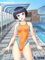 Rule 34 | 1girl, arena (company), bench, black hair, blue eyes, blue sky, bob cut, building, commentary request, competition swimsuit, covered navel, cowboy shot, day, fence, kuri (kurigohan), lane line, logo, looking at viewer, multicolored clothes, multicolored swimsuit, one-piece swimsuit, orange one-piece swimsuit, original, outdoors, pool, second-party source, short hair, sky, smile, solo, straight-on, swimsuit
