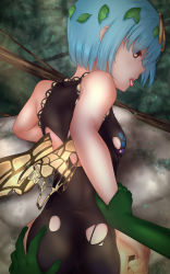 Rule 34 | 1girl, antennae, aqua hair, black leotard, brown eyes, butterfly wings, eternity larva, fairy, hair between eyes, highres, insect wings, leaf, leaf on head, leotard, open mouth, short hair, shounen (hogehoge), solo focus, tongue, tongue out, torn clothes, torn leotard, torn wings, touhou, wings