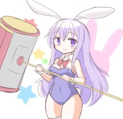 Rule 34 | 1girl, animal ears, blush, commentary request, covered navel, detached collar, erina (rabi-ribi), fake animal ears, frr (akf-hs), hammer, highres, leotard, long hair, looking at viewer, playboy bunny, purple eyes, purple hair, rabbit ears, rabi-ribi, simple background, smile, solo, star (symbol), twitter username, very long hair, white background, wrist cuffs