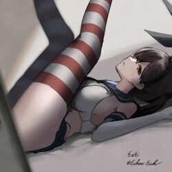 Rule 34 | 1girl, black panties, blue sailor collar, breasts, brown eyes, brown hair, cosplay, crop top, eckert&amp;eich, elbow gloves, empty eyes, gloves, hair between eyes, hairband, highleg, highleg panties, highres, kaga (kancolle), kantai collection, large breasts, legs up, looking at viewer, lying, on back, one-hour drawing challenge, panties, sailor collar, shimakaze (kancolle), shimakaze (kancolle) (cosplay), solo, striped clothes, striped thighhighs, thighhighs, twitter username, underwear, white gloves