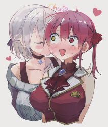 Rule 34 | 2girls, bare shoulders, blush, braid, breasts, choker, closed eyes, collarbone, commentary request, cropped torso, facing another, fang, grey hair, heart, highres, hololive, houshou marine, kiss, kissing cheek, large breasts, long hair, multiple girls, nabisuko25, open mouth, red eyes, red hair, shirogane noel, shirogane noel (casual), short hair, smile, sweat, twintails, virtual youtuber, yellow eyes, yuri