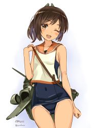 Rule 34 | 10s, 1girl, ;d, amagai tarou, bare shoulders, blush, brown eyes, brown hair, female focus, i-401 (kancolle), kantai collection, looking at viewer, one-piece swimsuit, one eye closed, open mouth, ponytail, sailor collar, school swimsuit, school uniform, short hair, short ponytail, smile, solo, swimsuit, swimsuit under clothes, tan