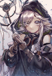 Rule 34 | 1girl, absurdres, arknights, bare shoulders, braid, commentary request, flower, gloves, goi., grey background, grey eyes, grey gloves, highres, holding, holding staff, hood, long hair, long sleeves, pointy ears, silver hair, single braid, single sidelock, solo, staff, tomimi (arknights), upper body, white flower