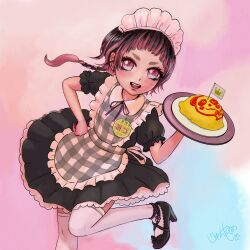 Rule 34 | 1girl, anklet, apron, black apron, black dress, black hair, blue eyes, bow, braid, commentary request, dress, food, footwear bow, hand on own hip, heart, heart-shaped pupils, high heels, highres, holding, holding tray, jewelry, junya17live, maid, maid headdress, medium dress, mini flag, multicolored eyes, multicolored hair, name tag, omelet, omurice, open mouth, original, pink hair, plaid, plaid apron, plate, puffy short sleeves, puffy sleeves, purple eyes, short sleeves, signature, single braid, smile, solo, standing, standing on one leg, streaked hair, symbol-shaped pupils, symbol in eye, thighhighs, tray, two-tone hair, v-shaped eyebrows, white thighhighs