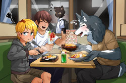 Rule 34 | 4boys, blonde hair, food, furry, furry male, interspecies, kaminosaki, male focus, multiple boys, sitting, size difference