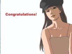Rule 34 | 00s, 1girl, arm joe, bare shoulders, brown hair, congratulations, english text, eponine thenardier, flat cap, hat, head tilt, les miserables, long hair, looking at viewer, lowres, simple background, skipper cap, solo, white background