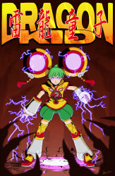 Rule 34 | 10s, 1girl, baiola, blue eyes, chinese clothes, detached sleeves, dragon kid, electricity, female focus, glowing, glowing eyes, gradient background, green eyes, green hair, hat, highres, huang baoling, matching hair/eyes, short hair, shorts, solo, superhero costume, thighhighs, tiger &amp; bunny