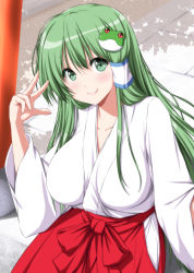 Rule 34 | 1girl, alternate costume, blush, breasts, commentary request, frog hair ornament, green eyes, green hair, hair between eyes, hair ornament, hair tubes, hakama, hakama skirt, hand up, highres, japanese clothes, kimono, kochiya sanae, large breasts, long hair, long sleeves, looking at viewer, miko, nori tamago, red hakama, shadow, skirt, smile, solo, touhou, upper body, w, white kimono, wide sleeves