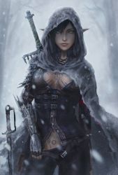 Rule 34 | 1girl, auto, black gloves, black hair, black pants, breasts, cape, cleavage, contrapposto, cowboy shot, dark elf, day, elf, fingerless gloves, forest, gloves, green eyes, grey cape, hair between eyes, highres, hood, hooded, looking at viewer, lowleg, lowleg pants, medium breasts, nature, original, outdoors, pants, parted lips, pointy ears, short hair, snow, snowing, solo, standing, sword, tattoo, weapon, weapon on back