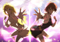 Rule 34 | 00s, 2girls, ahoge, ass, ass-to-ass, ass press, awakened miki, blonde hair, blush, brown hair, dual persona, feathers, foreshortening, halo, hoshii miki, idolmaster, idolmaster (classic), lens flare, maruwa tarou, multiple girls, outstretched hand, symmetry