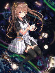 Rule 34 | 1girl, black bow, black footwear, black skirt, blurry, blush, bow, bowtie, brown hair, collarbone, depth of field, dress, eyes visible through hair, floating, frilled skirt, frills, galaxy, hair bow, hair ornament, highres, holding, holding hourglass, hourglass, lens flare, loafers, long hair, looking at viewer, moon, na kyo, nebula, neckerchief, open mouth, original, planet, sailor collar, sailor dress, shoes, short sleeves, skindentation, skirt, smile, solo, space, star (symbol), thighhighs, twintails, white dress, yellow bow, yellow eyes, zettai ryouiki