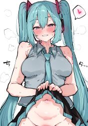 Rule 34 | 1girl, aqua hair, black skirt, blush, breasts, clothes lift, collared shirt, forehead out of frame, grey shirt, hatsune miku, headset, heart, heart-shaped pupils, highres, kobinbin, lifting own clothes, long hair, looking at viewer, medium breasts, navel, necktie, no panties, shirt, sidelocks, simple background, skirt, skirt lift, sleeveless, sleeveless shirt, solo, sound effects, spoken heart, sweat, symbol-shaped pupils, twintails, very long hair, vocaloid, white background