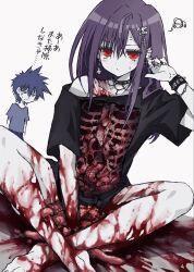 1boy 1girl arm_between_legs barefoot black_choker black_nails black_shirt blood blood_on_arm blood_on_clothes blood_on_leg bracelet chibi choker colored_skin cross cross_earrings ear_piercing earrings entrails gorezono_neo_(yu-ki_iwata) guro hair_between_eyes hand_up highres indian_style intestines jewelry looking_at_viewer medium_hair nail_polish organs original piercing print_shirt purple_hair red_eyes ring shirt short_sleeves simple_background sitting skeleton solo_focus spiked_bracelet spikes torn_clothes white_background white_skin yu-ki_iwata