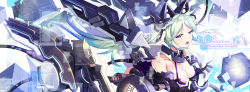 Rule 34 | 1girl, absurdres, ahoge, animal ears, armor, bare shoulders, black gloves, blue eyes, blue hair, breasts, cable, cat ears, cleavage, collarbone, colored tips, commentary request, cube, cytus, detached collar, elbow gloves, english text, fake animal ears, floating hair, game cg, gloves, green hair, half-closed eyes, hand on own chest, hands up, headgear, hexagon, highres, long hair, looking at viewer, machinery, medium breasts, multicolored hair, one side up, open mouth, paff, parted bangs, pleated skirt, purple skirt, sidelocks, skirt, solo, white background, zelitto