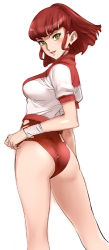 Rule 34 | 1girl, ass, brown hair, green eyes, headband, hip vent, jung freud, leotard, nishieda, red hair, simple background, solo, thighs, top wo nerae!, uniform, white background