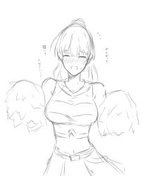 Rule 34 | 1girl, bang dream!, blush, breasts, cheerleader, closed eyes, commentary request, crop top, greyscale, highres, large breasts, long hair, midriff, monochrome, navel, open mouth, pom pom (cheerleading), ponytail, shirokane rinko, shirt, simple background, sketch, skirt, sleeveless, sleeveless shirt, solo, sou (kanade 3344), sweatdrop, translation request, white background